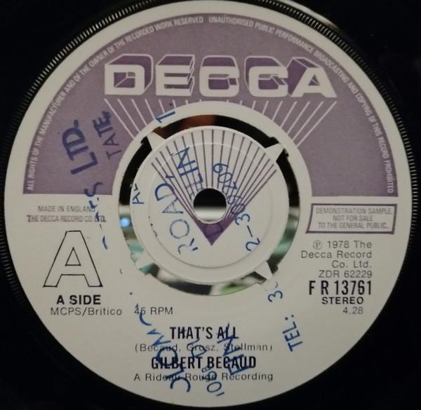 

7inch Record GILBERT BÉCAUD - That s All FR13761PROMO Decca 1978 UK Pop Used
