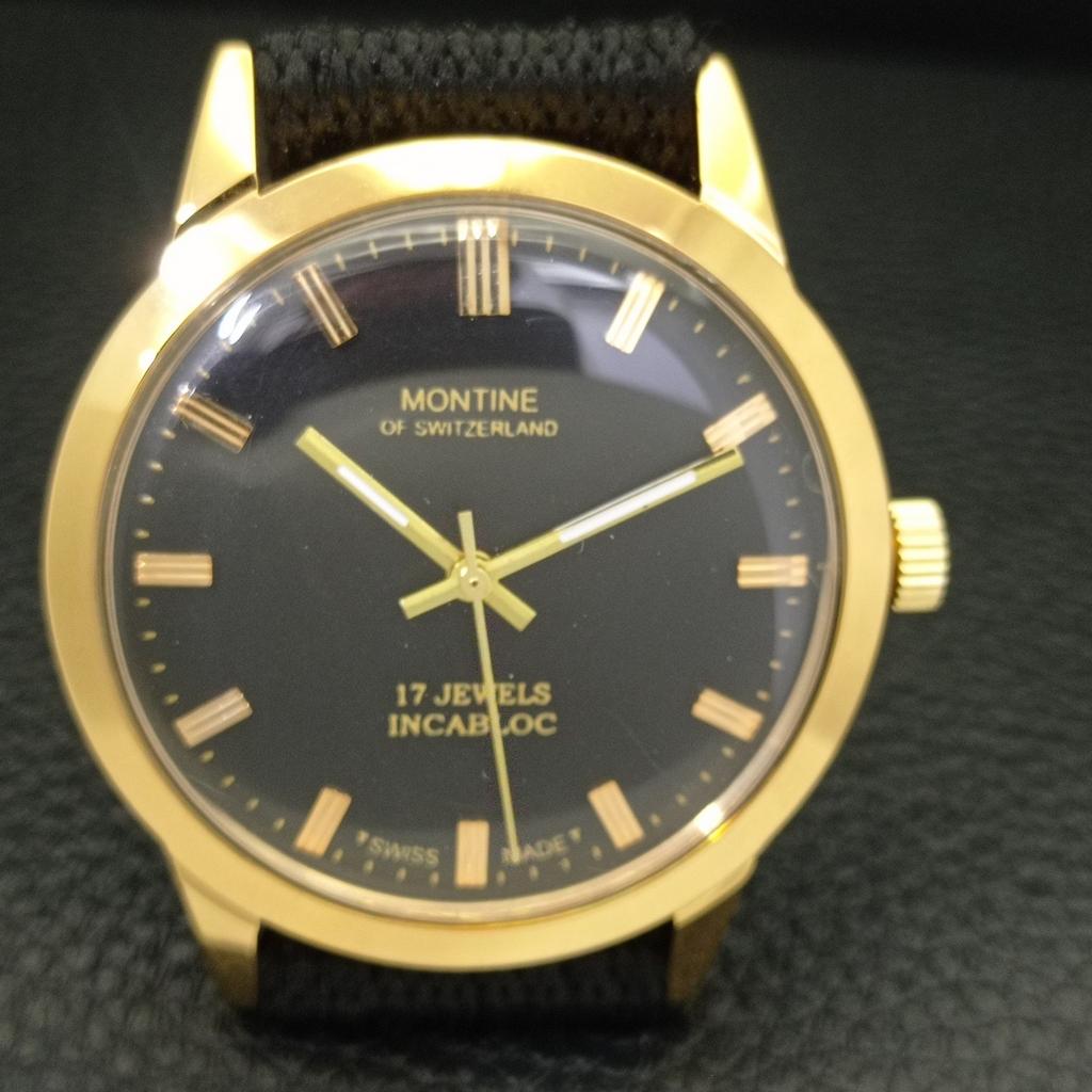 HAND-WINDING VINTAGE MONTINE SWISS MENS REFURBISHED BLACK DIAL WATCH a441068-1