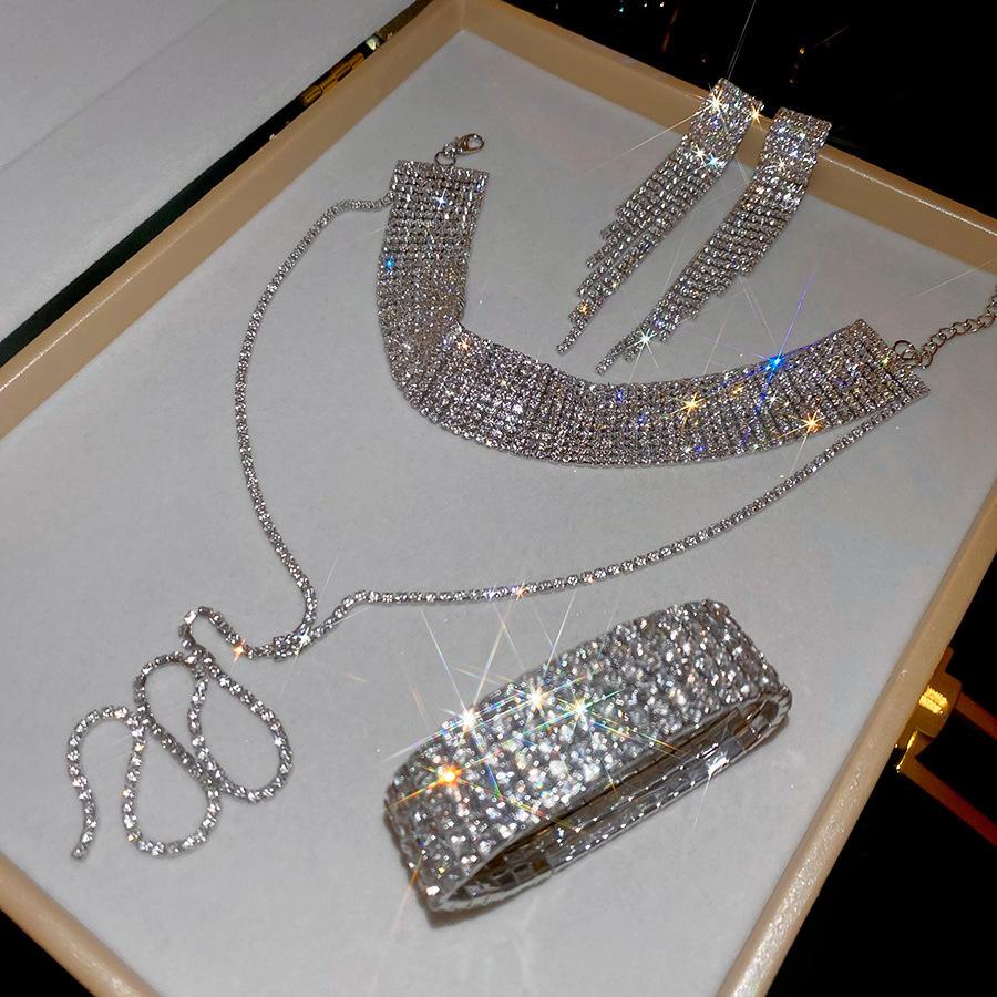 European and American diamond-encrusted water drop fringed necklace earrings two-piece set temperament collarbone chain necklace necklace women