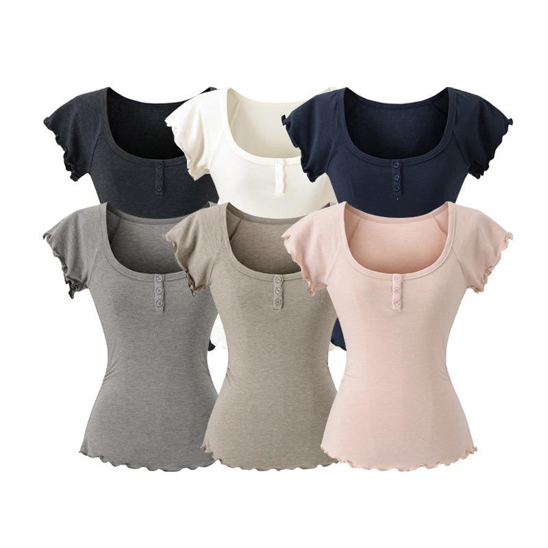 Korean niche design sense U-neck short-sleeved T-shirt for women, summer new button lace slim-fitting and thin top trendy