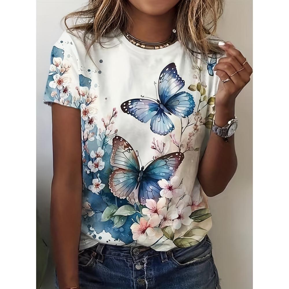 Women's Summer Round Neck Temperament  Breathable Short-sleeved Retro Floral Pattern Top Loose Casual Wear