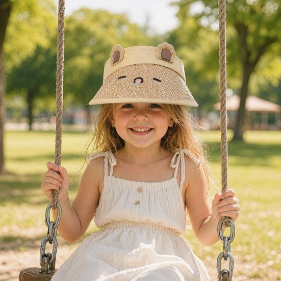 Children Sun Hat, Adjustable Elastic Headband Summer Hat, Breathable Hollow-Top Design Kids Hat, Foldable Bunny Ears Cartoon Print Outdoor Hat