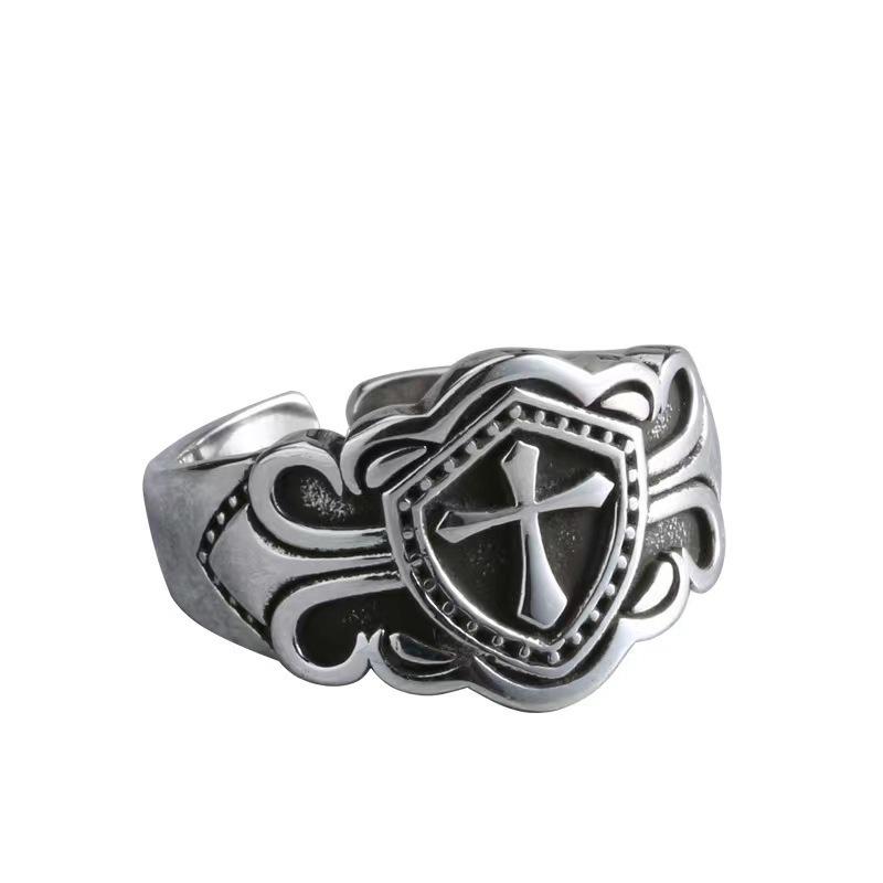 S Nordic Shield Cross Ring for Boys European and American Punk Rock Wide Pasta Ring