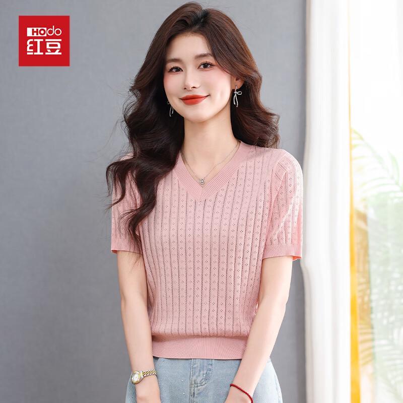 Hongdou Women s Ice Silk V-Neck Short Sleeve T-Shirt XL розовый