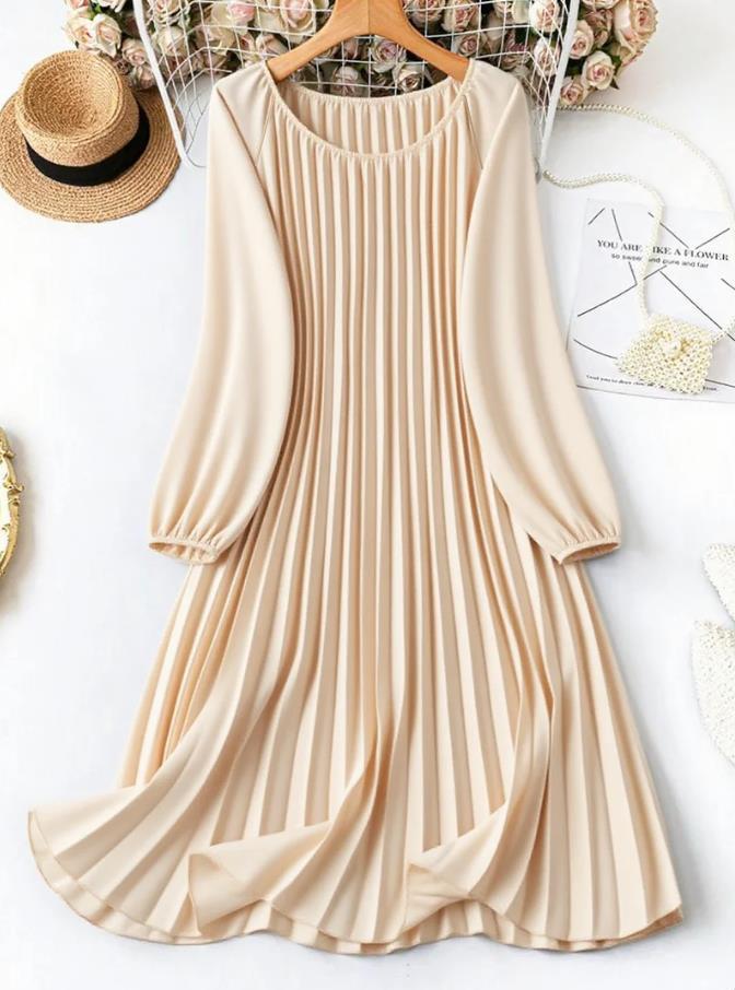 Large size women's solid color pleated lantern sleeve a line dress, popular fashionable solid color pleated dress