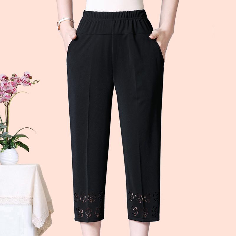 Pantaloni da donna Pantaloni da donna di mezza età Pantaloni casual traforati Pantaloni estivi da donna slim cropped Pantaloni larghi a vita alta elastica