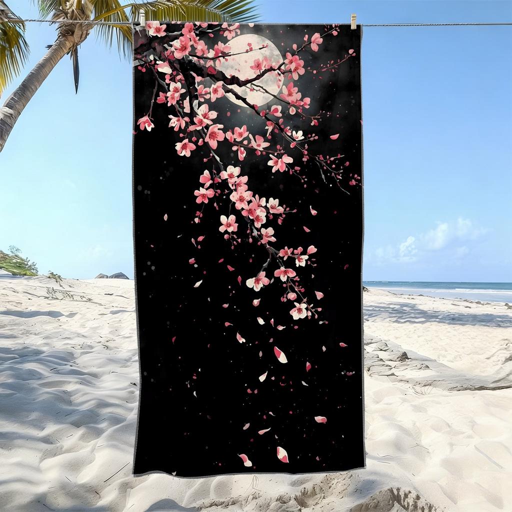 Elegant Sakura Moon Microfiber Beach Towel 1 Piece Set 2D Flat Printed Sandproof Waterproof Holiday Sea Sunbed Lounger Towel