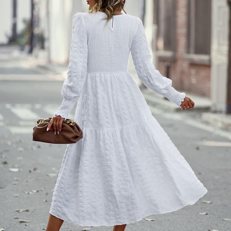 Sieviešu O Neck Puff piedurknēm vienkrāsains augsta jostasvieta Temperament Midi Swing kleita