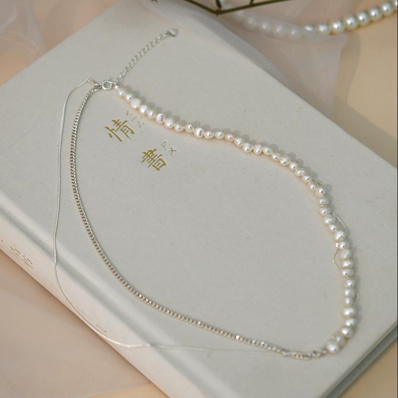 Natural Baroque Freshwater Pearl 925 Sterling Silver Splice Necklace with Collar Chain, Small and High Sense Necklace