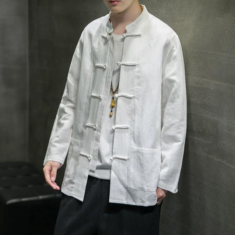 Chinese Shirt Man Cotton Linen Tang Suit Top Spring Autumn Long Sleeve Kung Fu Shirt Traditional Men Blouses