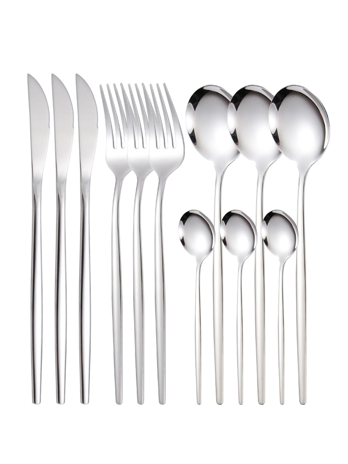

12pc Thin stainless steel cutlery set Portugal steak knife and fork dessert spoon coffee spoon серебряный