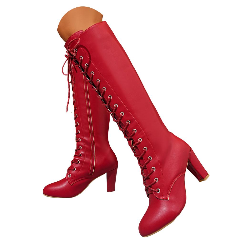 Übergröße Europäische Schnürstiefel Damen Winter Chunky Hoher Absatz Mode Stiefel Damen Stiefel Knielang Weit