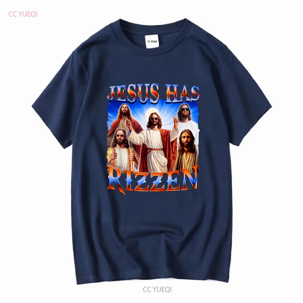 Jesus Has Rizzen He Is 2024 T Shirt Mens clothing long or short sleeves vintage Washed streetwear Slightly designer clothes