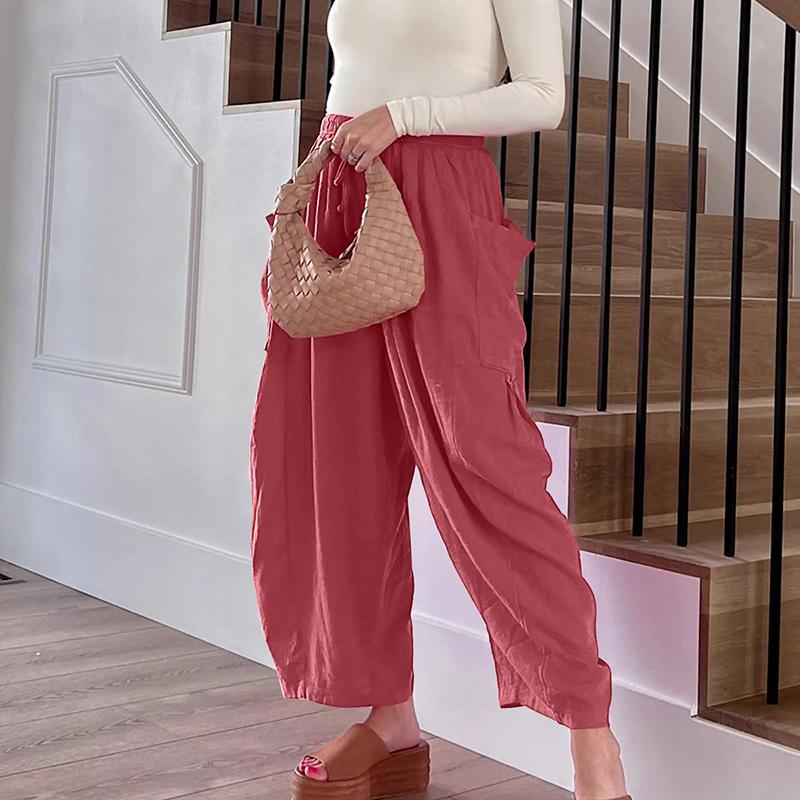 Women Comfortable Casual High-Waisted Solid Color Loose Lantern Pants with Pocket