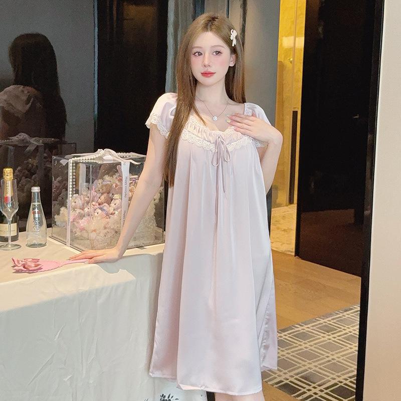 New summer women's short-sleeve nightdress, water clouds and ice snow silk nightgown, fresh and cool, comfortable home lace pajamas