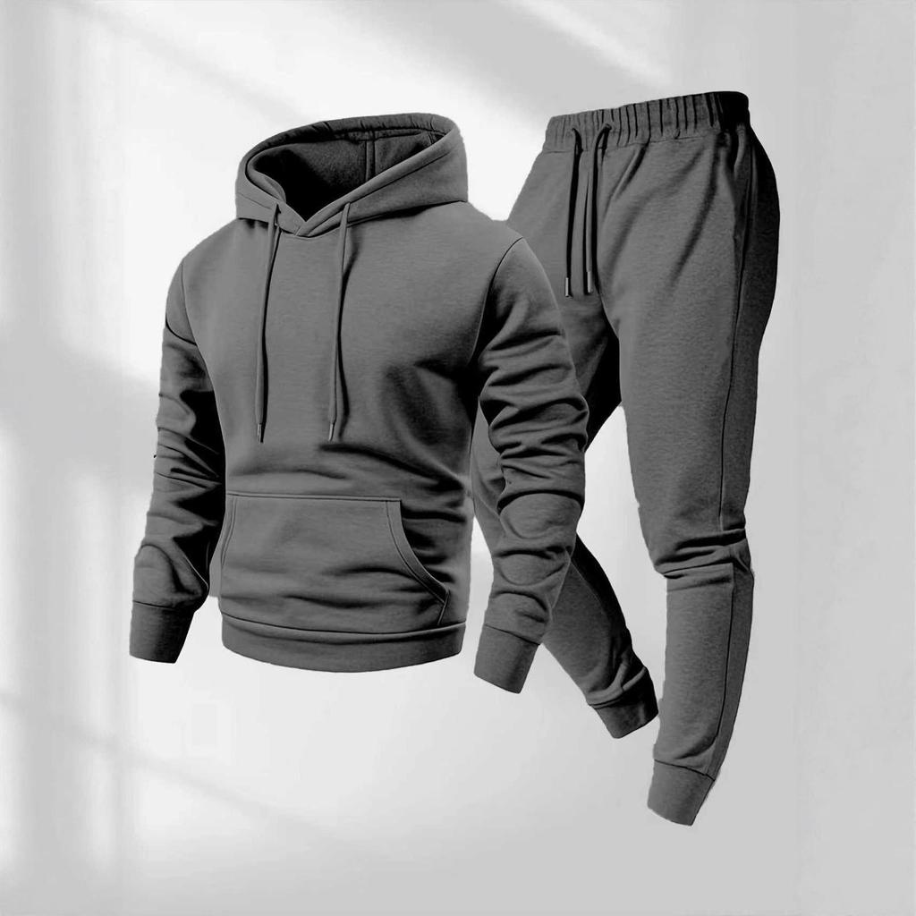 250g Men's Trendy Sports Hoodie & Sweatpants Set - Plain Color