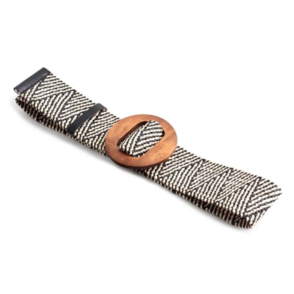 Round Wooden Buckle Dress Belt For Women Elastic Straw Belt Casual Braided Wide Strap Woven Girls PP Fashion Female Designer