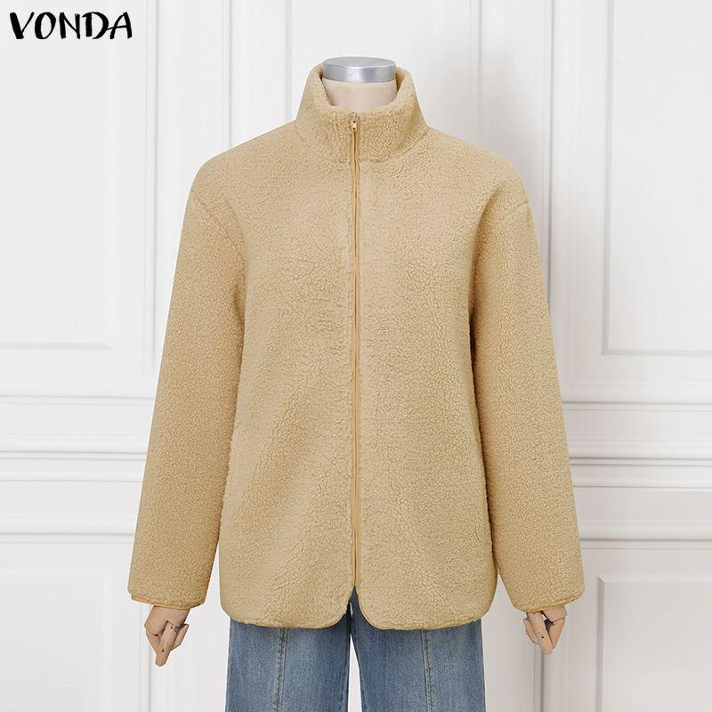 VONDA Autumn Women Long Sleeve Fluffy Zip-up Casual Loose Sweatshirts Coats S