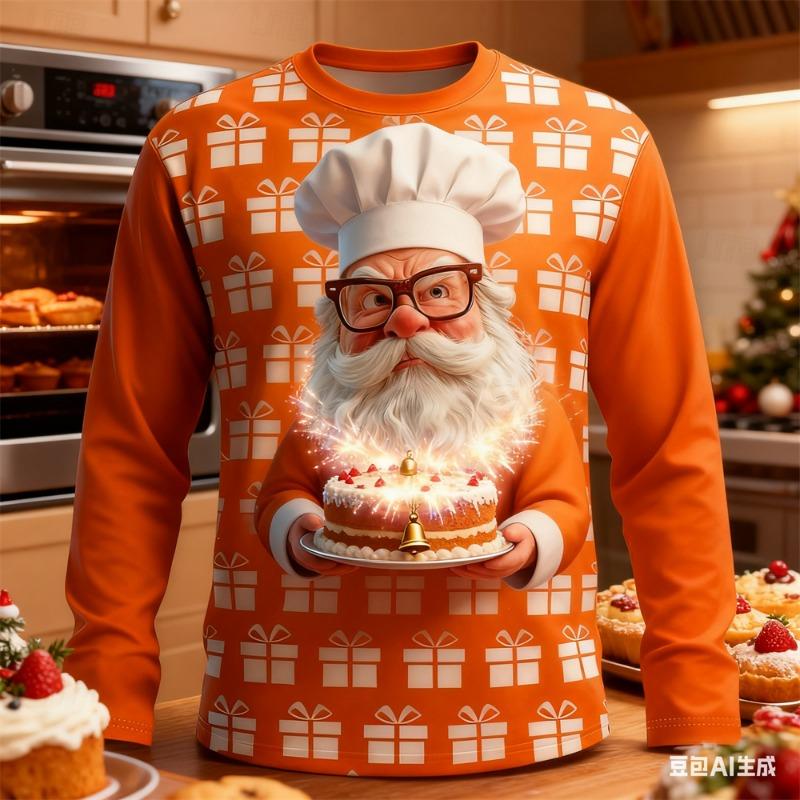 Christmas Men's long sleeved T-shirt Santa Claus pattern print t shirt for man New Year men's round neck T-shirt Men's clothing