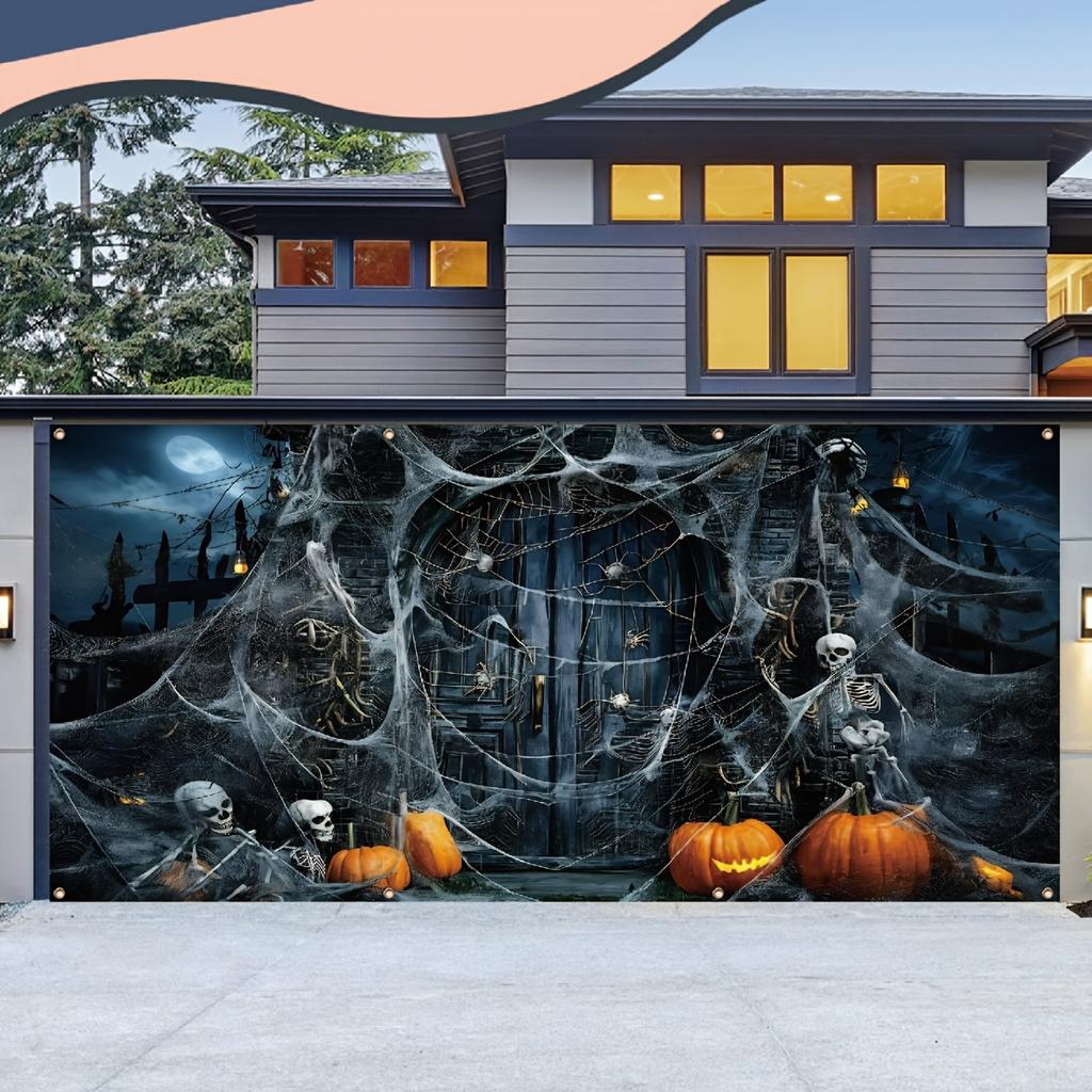 1 Halloween garage polyester banner - ghost spider web door with skull and pumpkin design perfect for holiday decoration