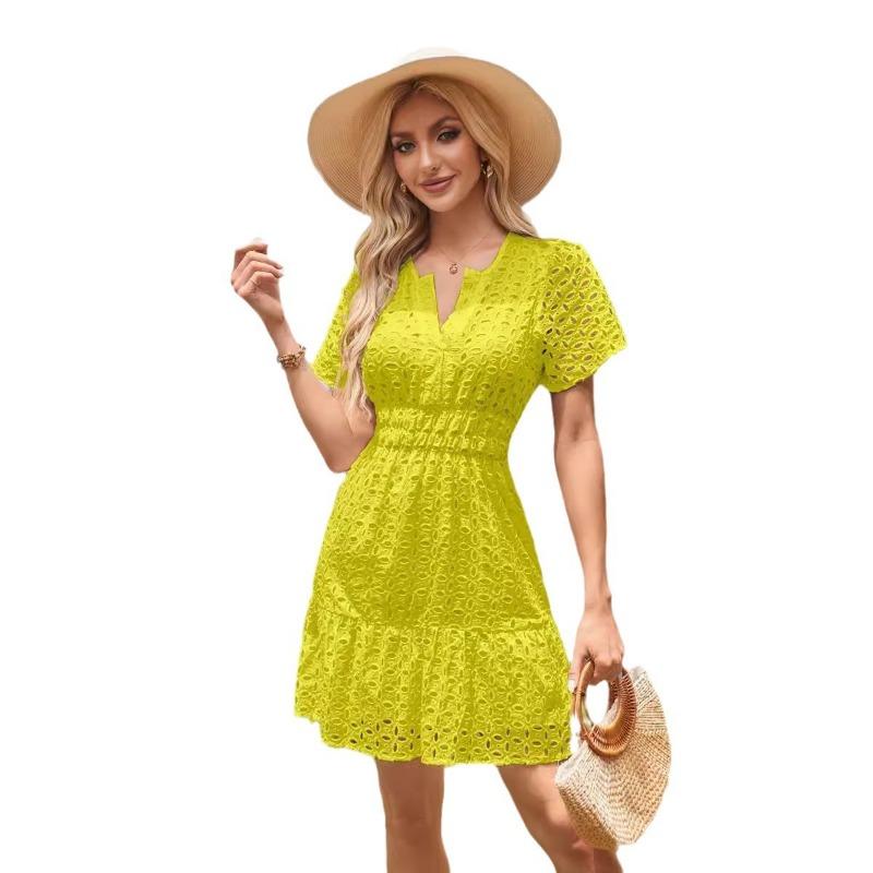 Mode Kurzarm Casual Frauen Spitzenkleid Sommer Neue Elegante Aushöhlen Sexy Kleid Frau V-ausschnitt A-linie Vintage Solide Mini Kleider 1075