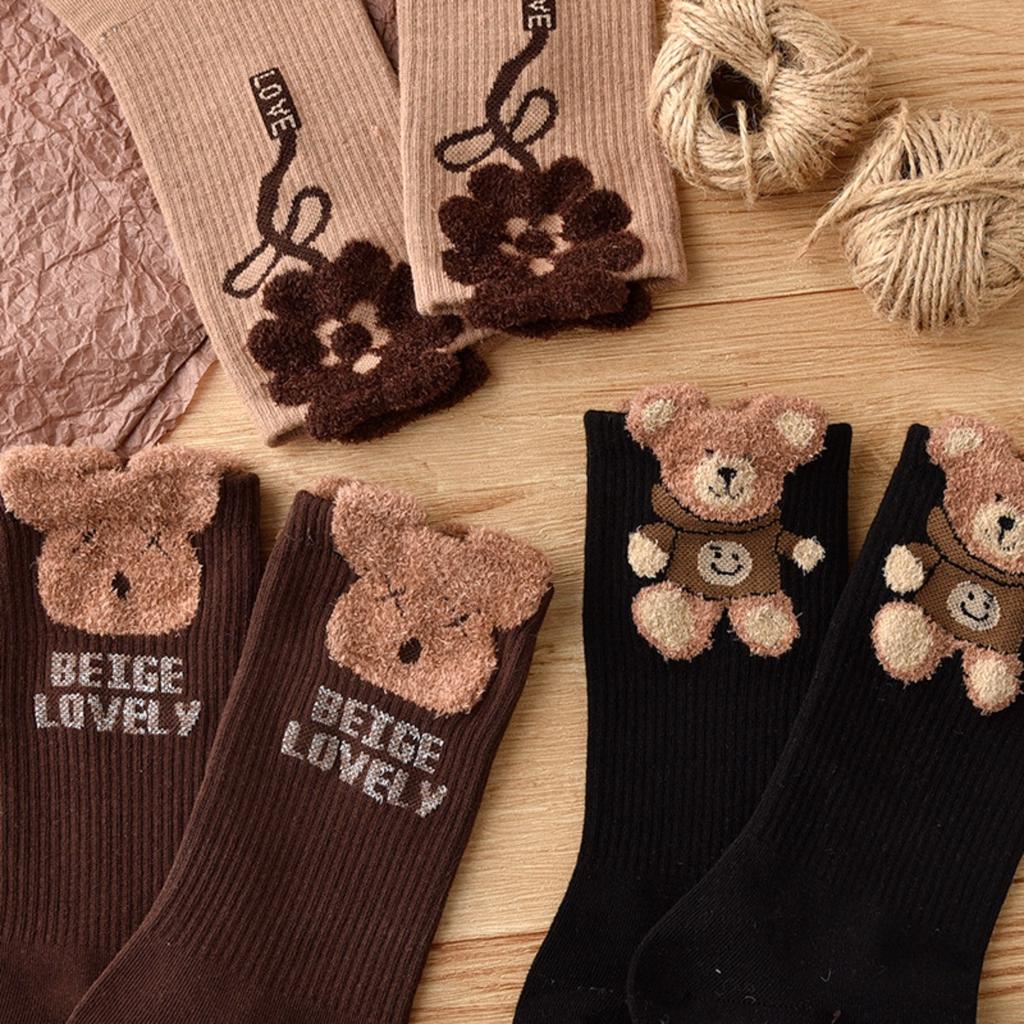 10-1 Pairs of Women's Mid Length Socks - Cute Teddy Bear and Floral Pattern, Elastic Fiber Blend, Ribbed Cuffs, Casual Elegant Autumn and Winter Socks
