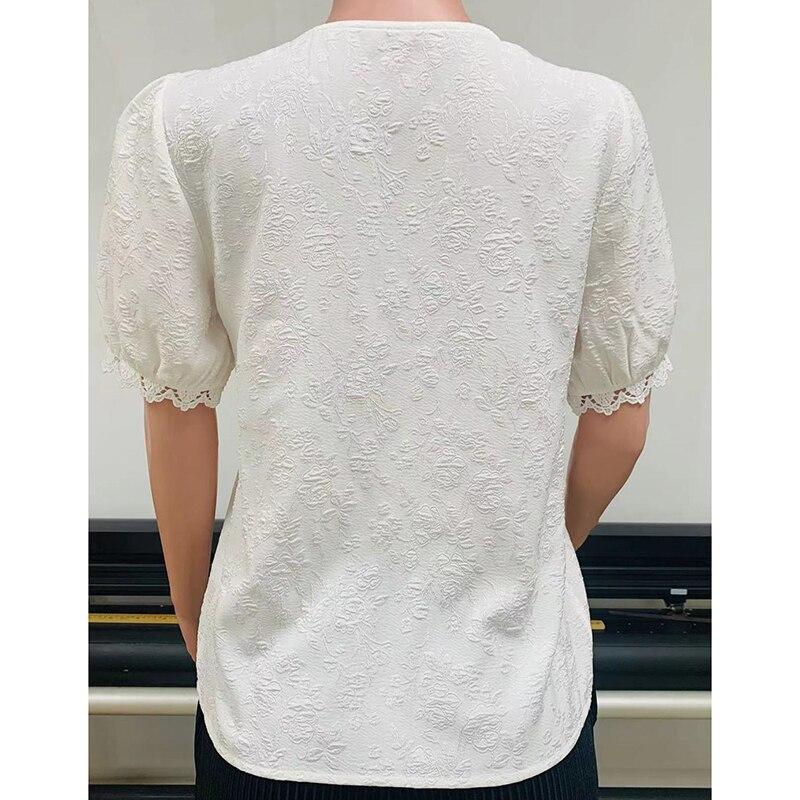 Summer Short Sleeve Tops Jacquard V-neck Lace Women Blouses Casual Hollow Elegant White Shirt Solid Vintage Korean Shirts 25718