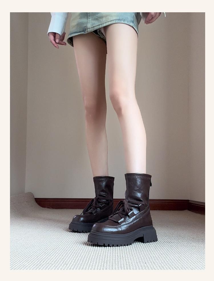 

Cowhide~ Autumn and Winter Spice Girls Small Skinny Boots Short Boots 2025 Spice Girls Retro Style Strap Platform Martin Boots Women 40 коричневый