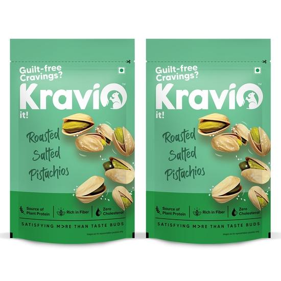 Kravio Премиум Жареные Соленые Фисташки (2 x 200 г) | Натуральные фисташки из Калифорнии без холестерина в скорлупе, жареные, хрустящие, вкусные, полезные закуски