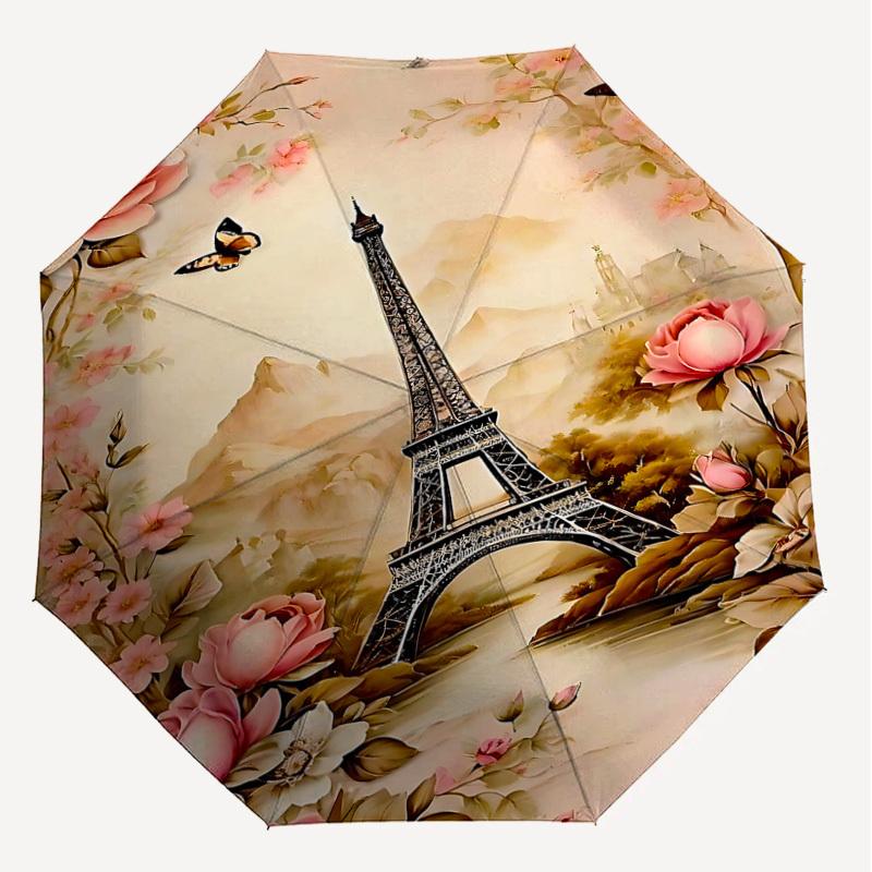 1PC Eiffel Tower Flowers Umbrella-8-Rib Reinforced, Automatic Open, Lightweight & Durable, Cute Fashion Accessory for Outdoor, Beach, or Casual Use, B