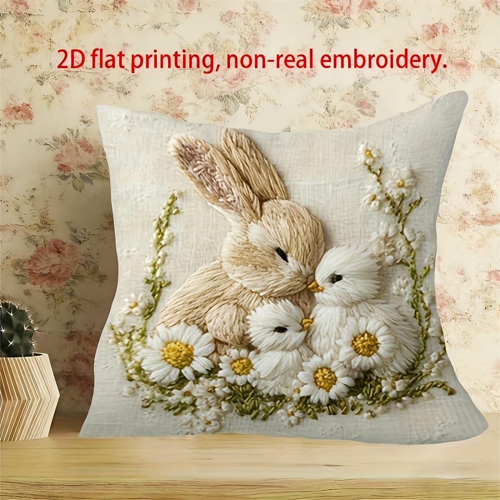 Easter Bunny Chicks Pillow Cover Faux Embroidery 2D Print Daisy Floral Spring Decor Soft Cozy For Sofa Bed Living Room Gifts