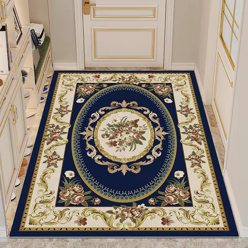 European Blue Non Slip Floor Mats Carpet Living Room Golden Frame Decoration Sofa Area Large Rugs Lounge Coffee Tables