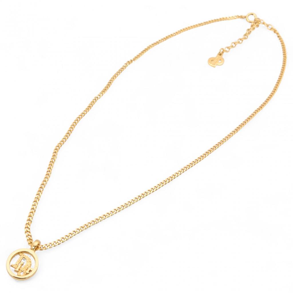 Auth DIOR Necklace Round Logo Gold Di6506bf