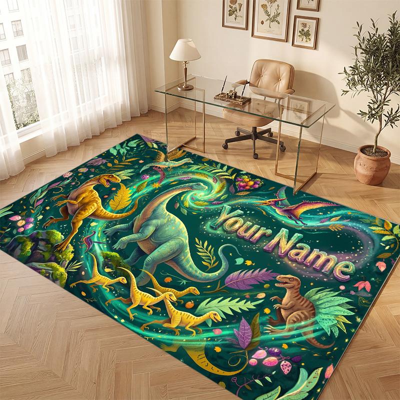 Dinosaur Theme Soft Crystal Velvet Rug Custom Name & Text Print Non Slip Floor Rug for Bedroom Living Room