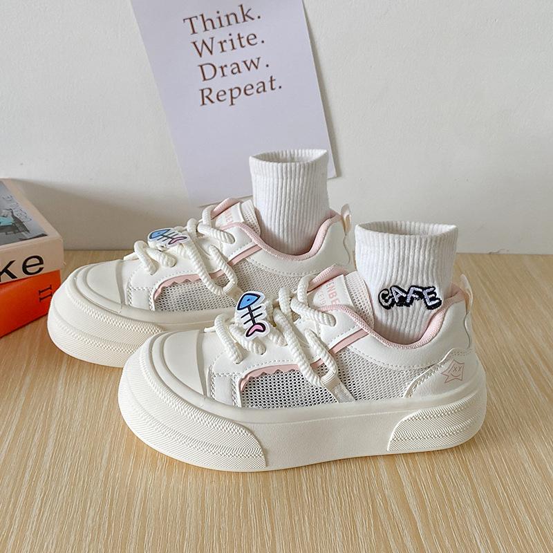 Leather Platform White Shoes Women's 2025 New Mesh Breathable Mesh Shoes Sweet Versatile Student Casual Lightweight Board Shoes
