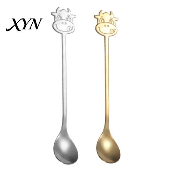 Long Handle Spoon Stainless Steel Coffee Spoon, with Bull Head Decor, Pudding Dessert Multifunctional Stirring for Milk Tea Yogurt Jam Rust Resistant