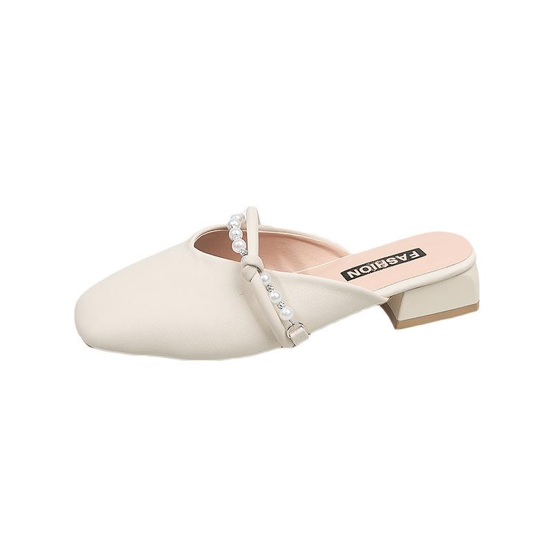 Baotou Half Slippers Female Summer Wear Thick Heel Temperament Fairy Evening Wind Pearl Word with Mary Jane Single Shoes Cool Slippers
