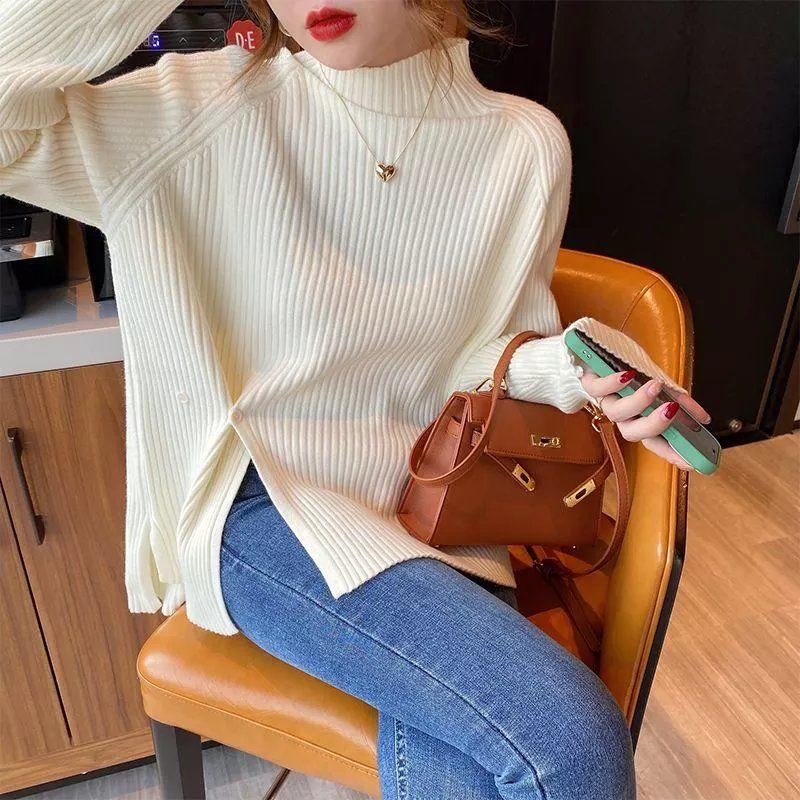 Half High Collar Sweater Pullover Women 2022 Solid Loose Open Knit Autumn and Winter Casual Long Sleeve Sweater Pullover Female