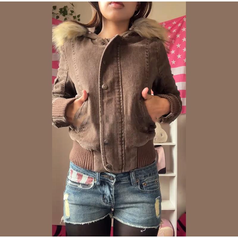 Fur Collar Decorative Hooded Jacket Zipper Snap Button Cotton Jacket Brown Ladies Coat Autumn and Winter New Style Warm Jacket