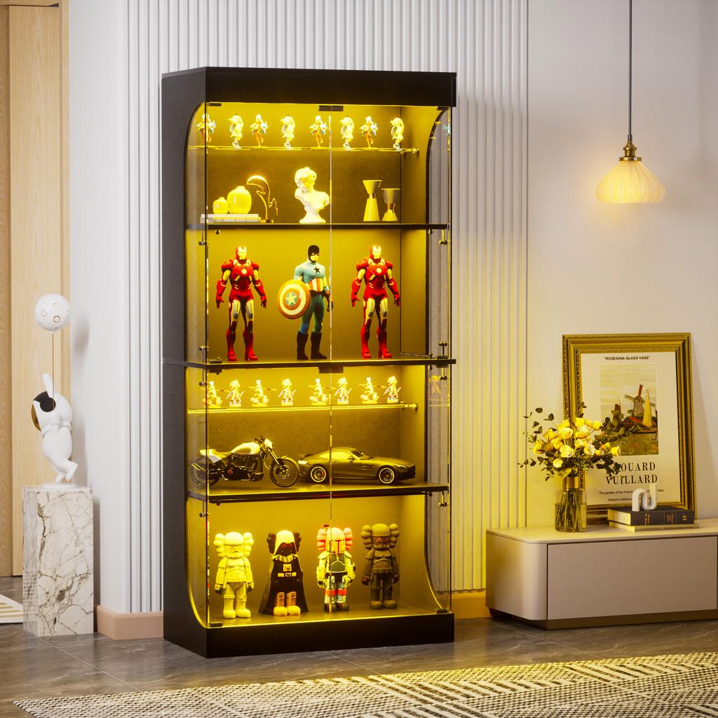 Four-tier Glass Display Cabinet, Storage, LED Lighting, Glass Doors, Smart Sensors, Dustproof, for Living Room, Bedroom, Offices. Black. 80*35*165cm