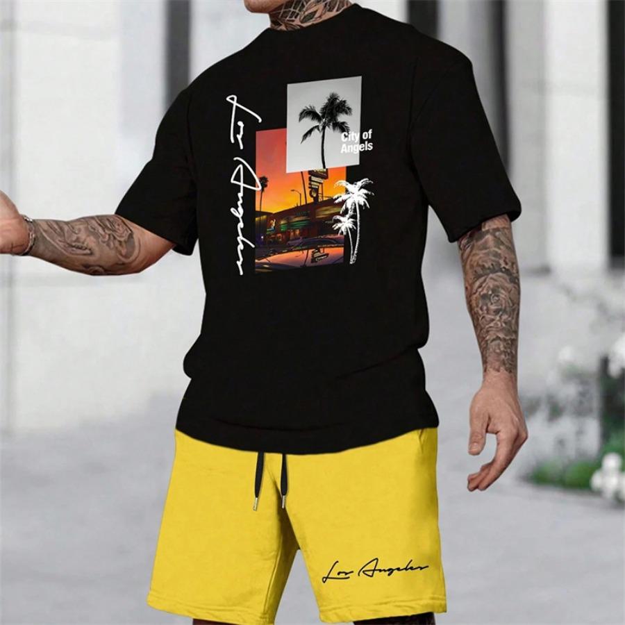 2025 Summer New Men's Short Sleeve Palm Tree Print Two Piece Drawstring Shorts Set Fashion Men's Vacation Beach Casual Suit