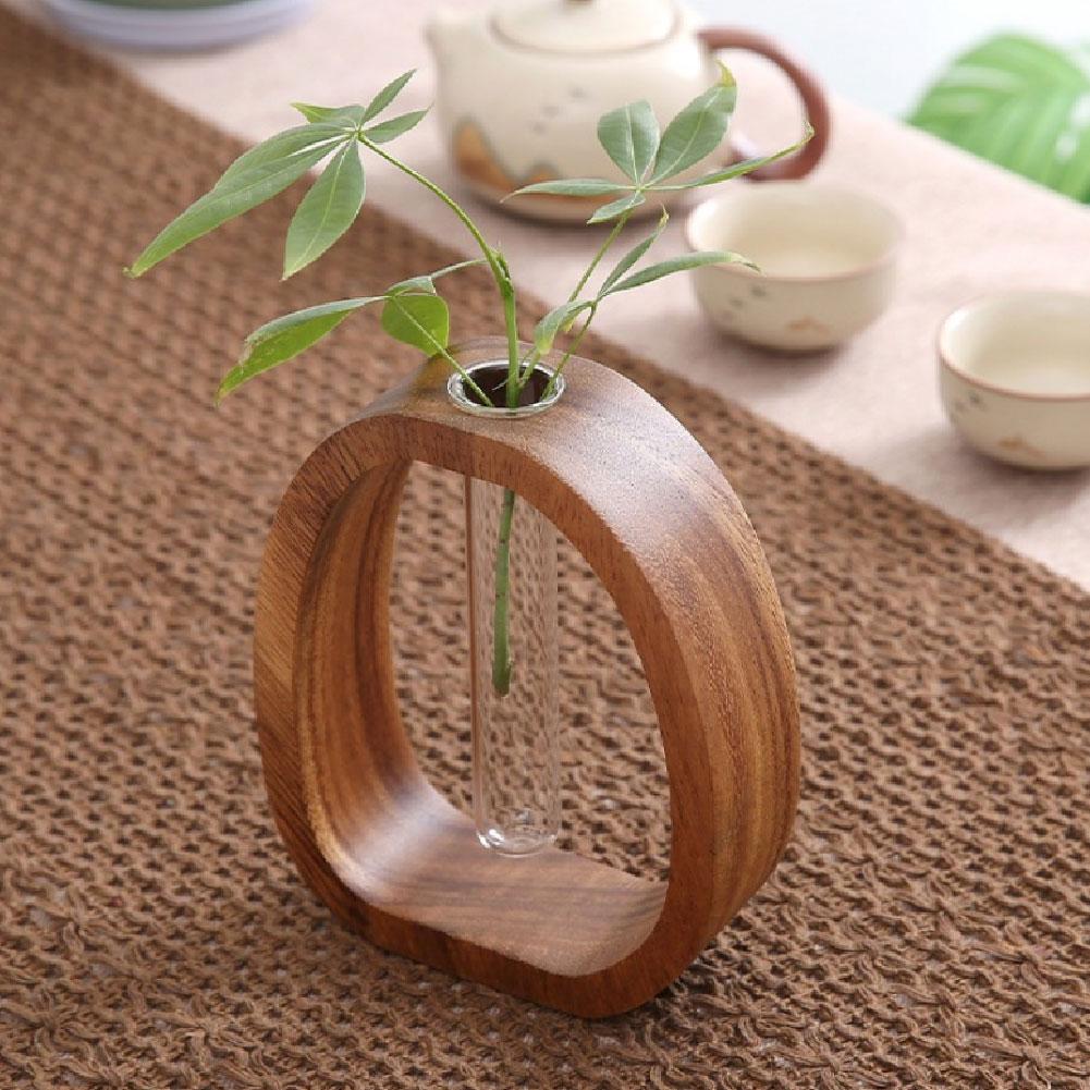 Walnut Wood Flower Set Hotel Decoration Simple Glass Plant Flower Arrangement Mini Aquatic Vase Hydroponic Plant Flower Stand