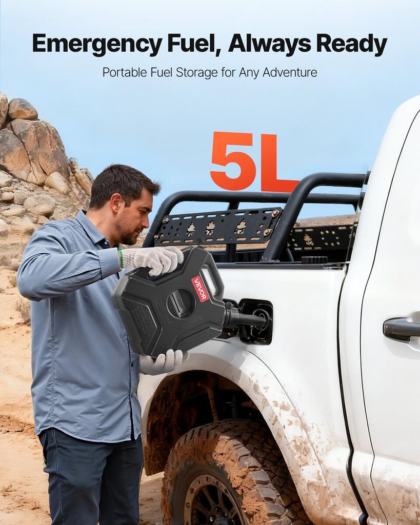 Fuel Container, 5 L, Gas Can with Spout and Lockable Bracket, 15 L/min Max Flow Rate, Secure & Leak-proof, Portable Flat Fluid Container for Most Cars