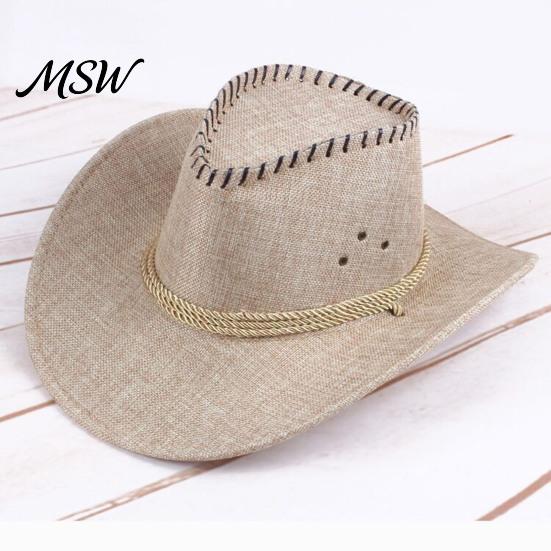 Breathable Sun Visor Western Cowboy Hat with Windbreak Rope for Men, Wide Brim Linen Outdoor UV Protection Travel, Halloween Cosplay Costume,