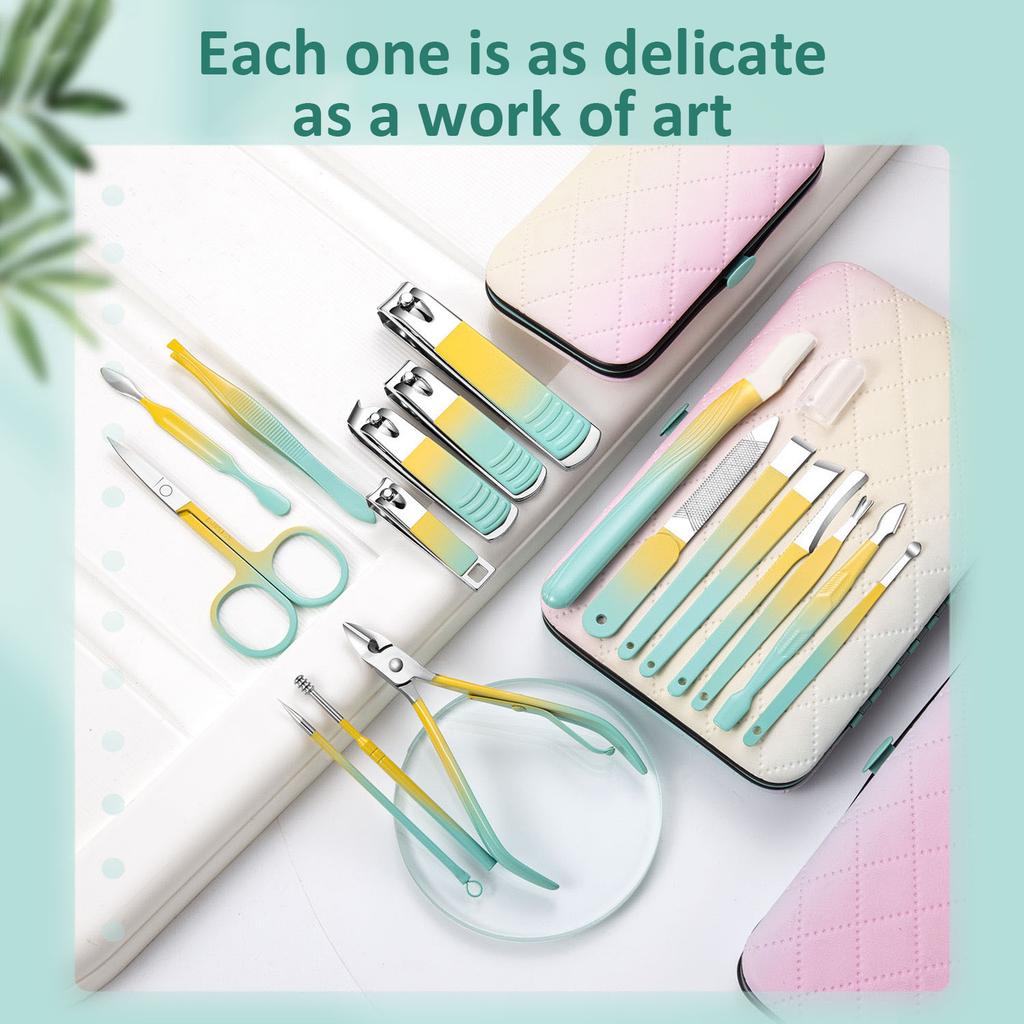 Deluxe 12 piece Nail Art Kit Portable Case 5 Gradient Colors Cuticle Pusher Nail Brush Ideal For Travel Gift Ready Box