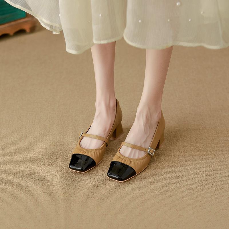 The first layer of sheepskin is comfortable and breathable, single shoes, women's fashion 2025 new temperament high heels, thick heels are not tired,