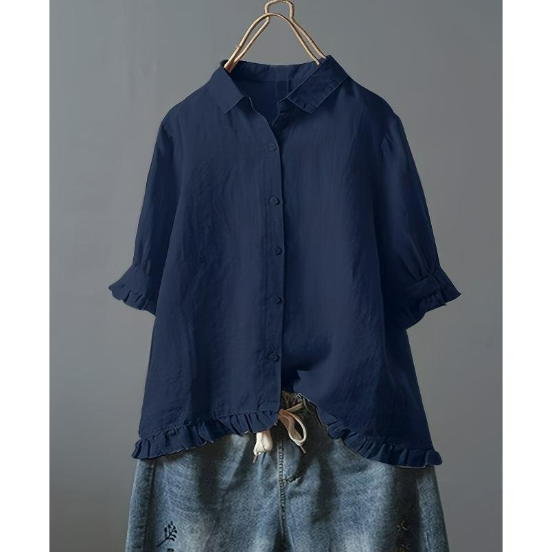 Cotton and Linen Casual Single-breasted Ruffled Short-sleeved Shirt Women