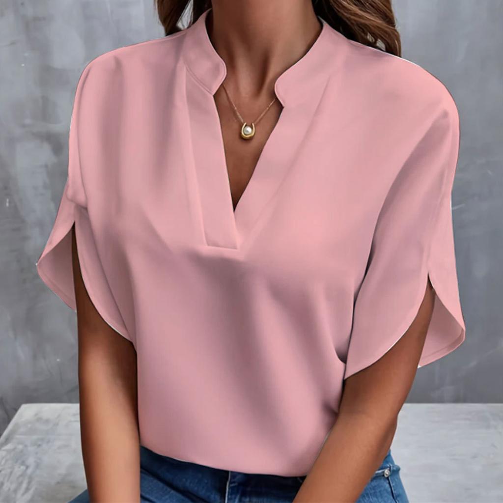 Summer New V-neck Shirt Solid Color Casual Short Sleeved Women's Shirt