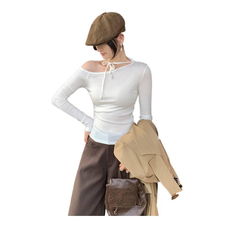 Petite Korean Halter Neck Off-Shoulder Long Sleeve Women's Shirt, Autumn Winter 2025 Collection