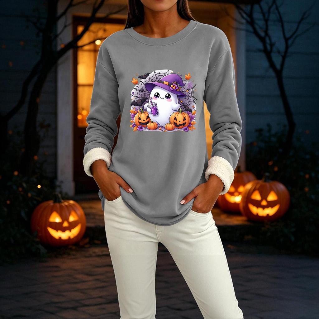 Women's Lined Round Neck Long Sleeve Halloween Print Casual Top for Winter